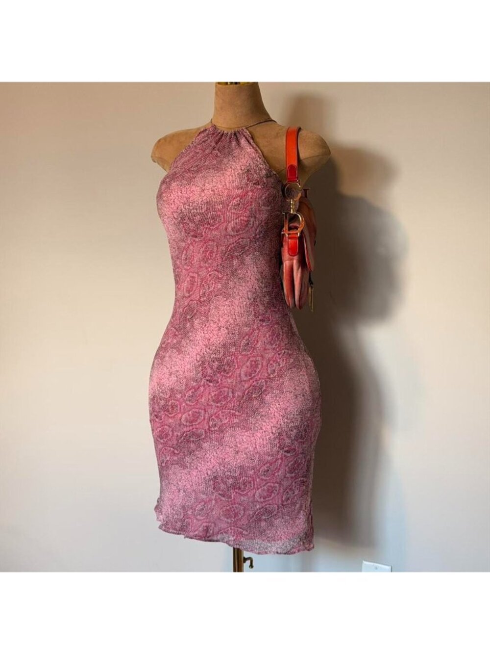Pink silk halter neck midi dress